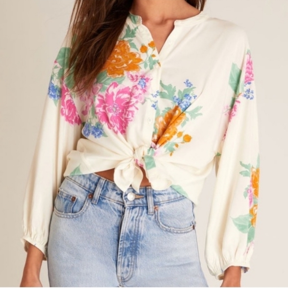 Z Supply Clarisa Floral Blouse In Sand Dollar Sz Small